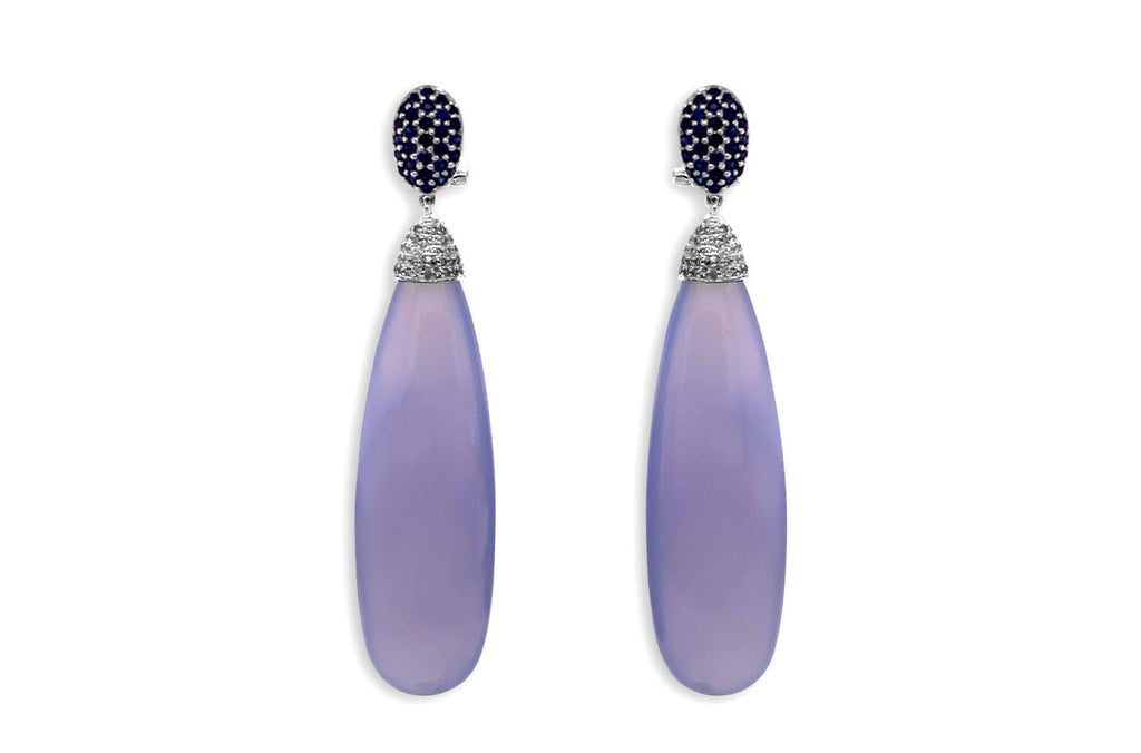 Earrings 18kt Chalcedony Drops with Ceylon Sapphires & Diamonds - Albert Hern Fine Jewelry
