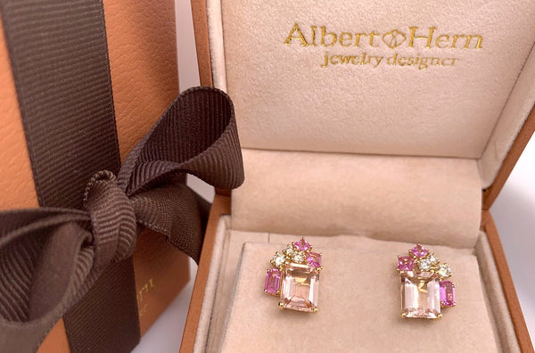 Earrings 18kt Emerald Cut Pink Sapphires & Diamonds - Albert Hern Fine Jewelry