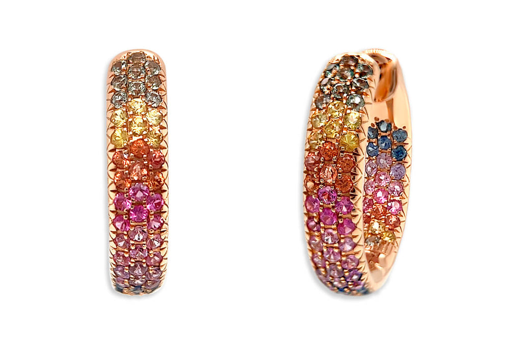 Earrings 18kt Gold & 3-Row Multicolor Sapphires Hoops - Albert Hern Fine Jewelry