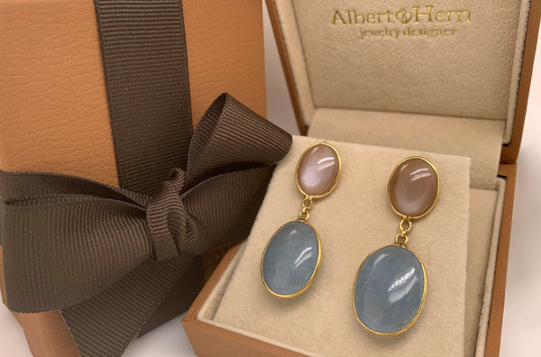 Earrings 18kt Gold Aquamarine & Moonstone Ovals - Albert Hern Fine Jewelry