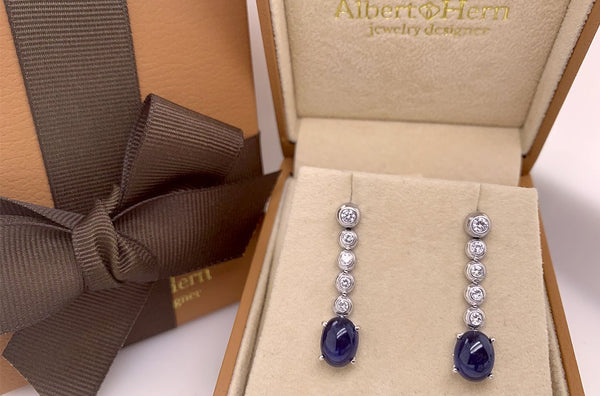 Earrings 18kt Gold Blue Sapphire Cabochon & Diamonds - Albert Hern Fine Jewelry