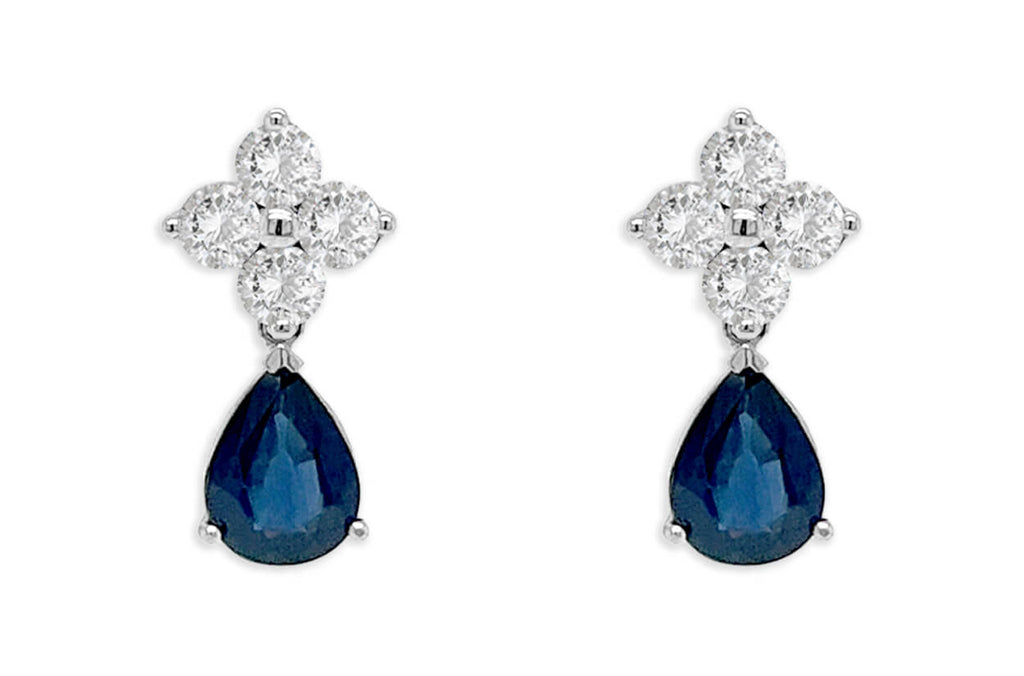 Earrings 18kt Gold Blue Sapphire Drops & Diamonds VS G Cluster - Albert Hern Fine Jewelry
