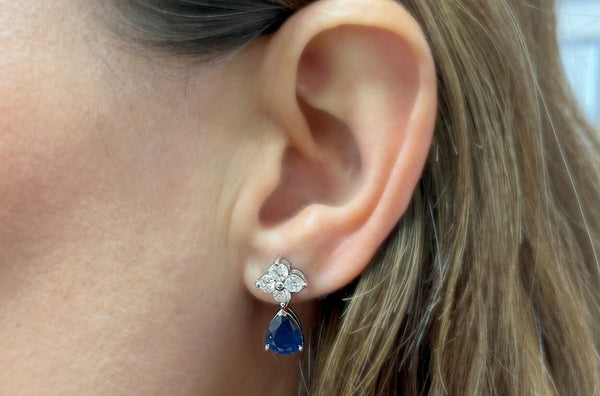 Earrings 18kt Gold Blue Sapphire Drops & Diamonds VS G Cluster - Albert Hern Fine Jewelry