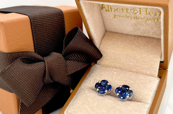 Earrings 18kt Gold Blue Sapphires Flower Studs - Albert Hern Fine Jewelry