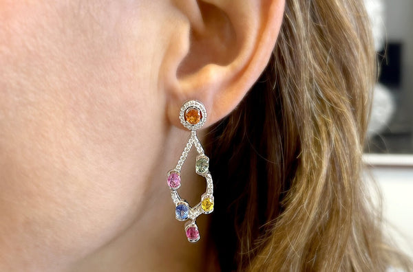 Earrings 18kt Gold Chandelier with Multicolor Sapphires & Diamonds - Albert Hern Fine Jewelry