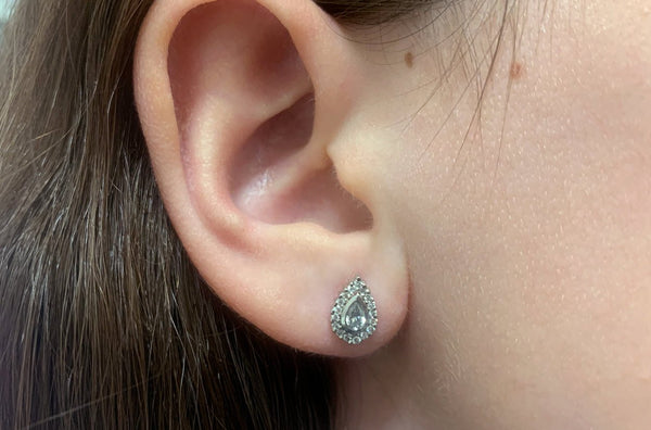 Earrings 18kt Gold Channel Pear & Diamonds Halo in model  - Albert Hern Fine Jewelry