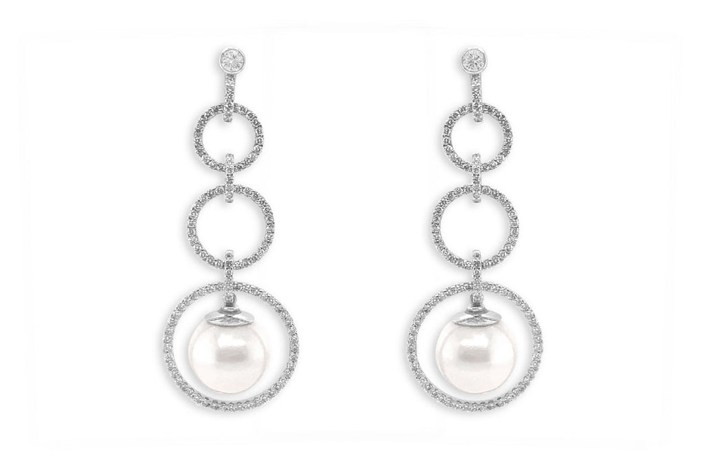 Earrings 18kt Gold Circle Drop with Pearls & Diamonds - Albert Hern Fine Jewelry
