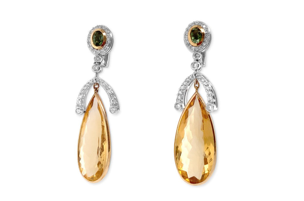 Earrings 18kt Gold Citrine Tears with Green Tourmalines & Diamonds - Albert Hern Fine Jewelry