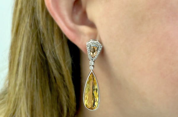 Earrings 18kt Gold Citrines Drop with Precious Topaz & Diamonds on a model - Albert Hern Fine Jewelry