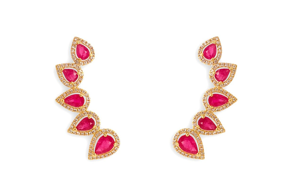 Earrings 18kt Gold Climbers Pear Rubies with Diamonds - Albert Hern Fine Jewelry