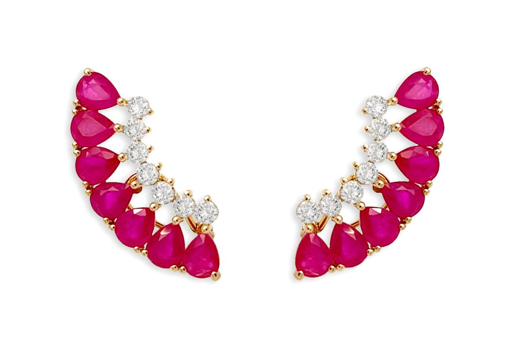 Earrings 18kt Gold Climbers Pear Rubies with Diamonds full view - Albert Hern Fine Jewelry