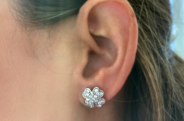 Earrings 18kt Gold Clovers with Diamonds Studs on a model - Albert Hern Fine Jewelry