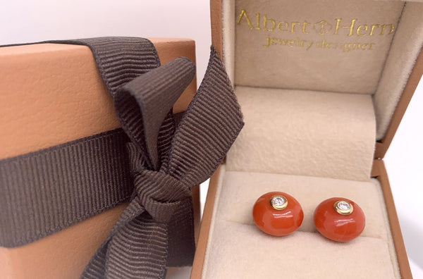 Earrings 18kt Gold Coral Studs with Diamonds in its box - Albert Hern Fine Jewelry