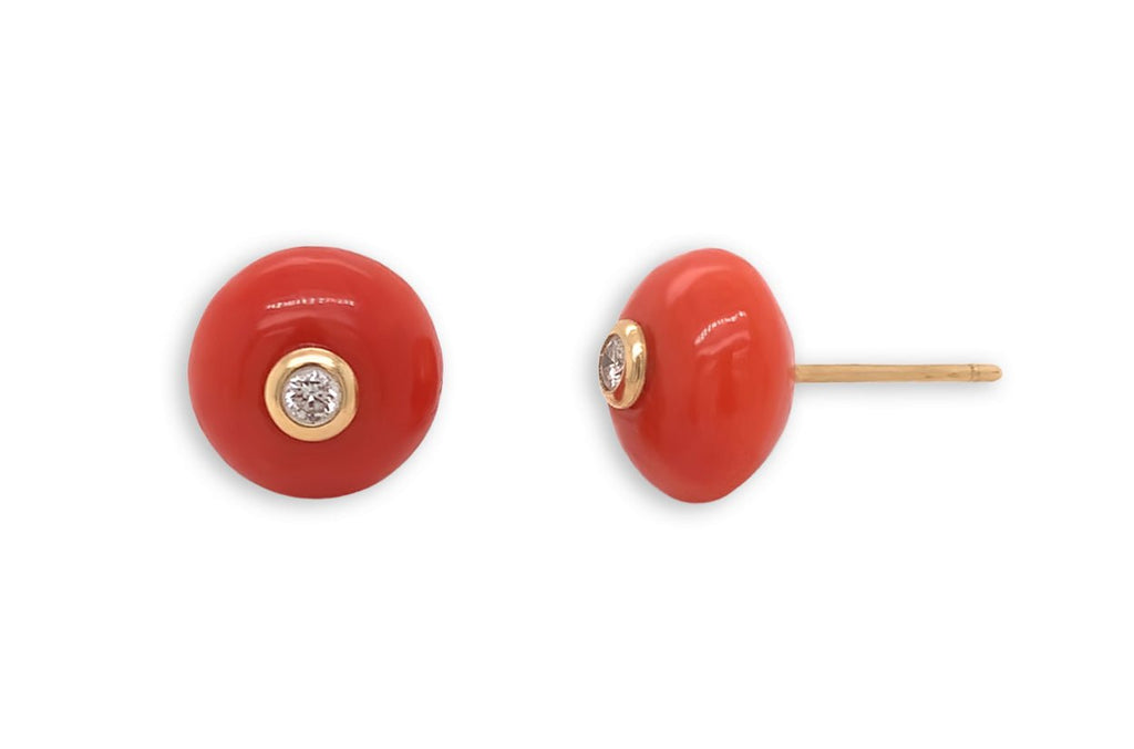 Earrings 18kt Gold Coral Studs with Diamonds - Albert Hern Fine Jewelry