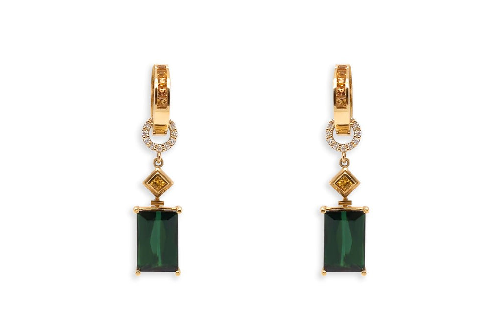 Earrings 18kt Gold Detachable Green Tourmalines Sapphires & Diamonds - Albert Hern Fine Jewelry
