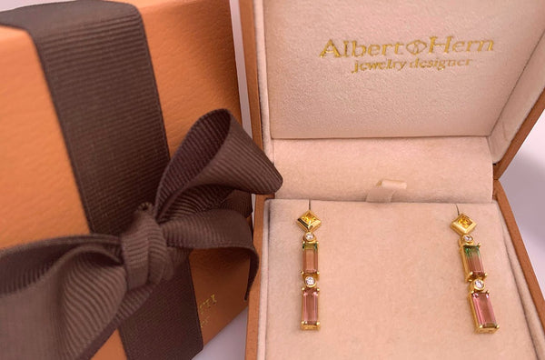 Earrings 18kt Gold Double Bicolor Tourmaline Sapphires & Diamonds in box - Albert Hern Fine Jewelry Earrings