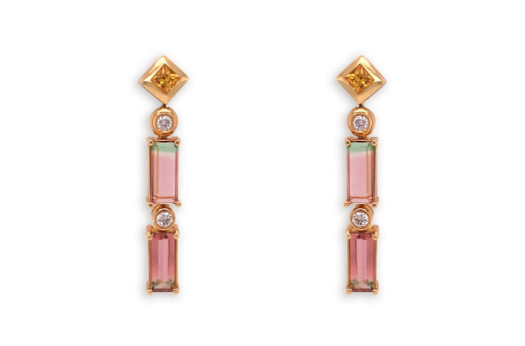 Earrings 18kt Gold Double Bicolor Tourmaline Sapphires & Diamonds - Albert Hern Fine Jewelry Earrings