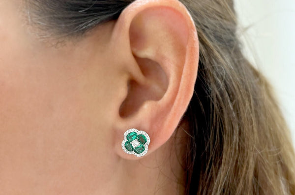 Earrings 18kt Gold Emerald Clovers Center Diamond & Halo Studs - Albert Hern Fine Jewelry