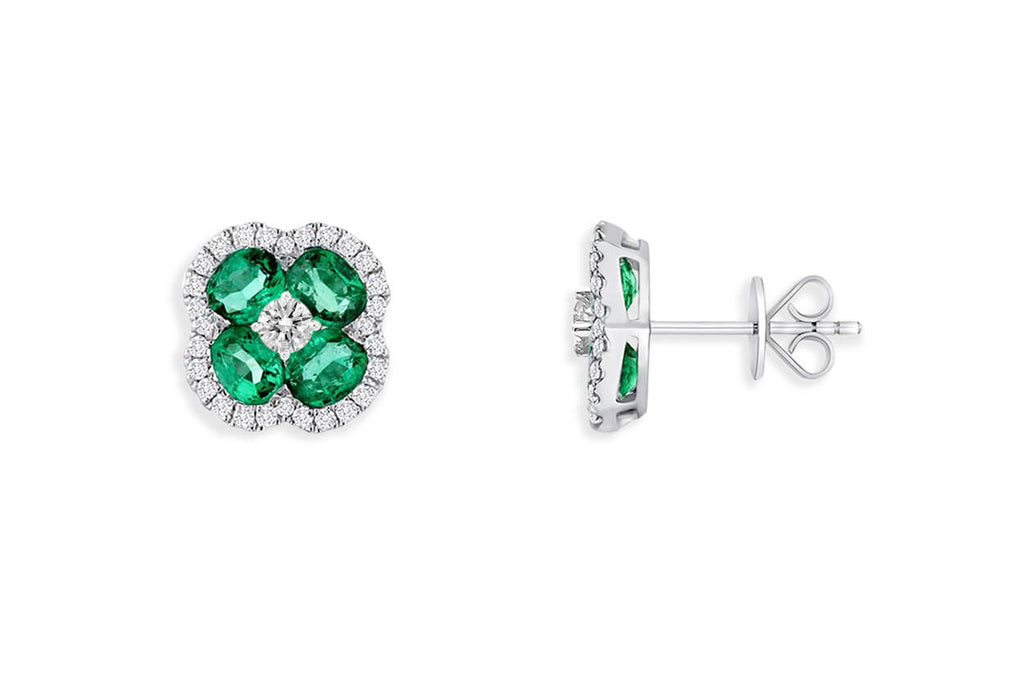 Earrings 18kt Gold Emerald Clovers Center Diamond & Halo Studs - Albert Hern Fine Jewelry