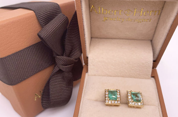 Earrings 18kt Gold Emeralds & Diamonds Halo Studs - Albert Hern Fine Jewelry