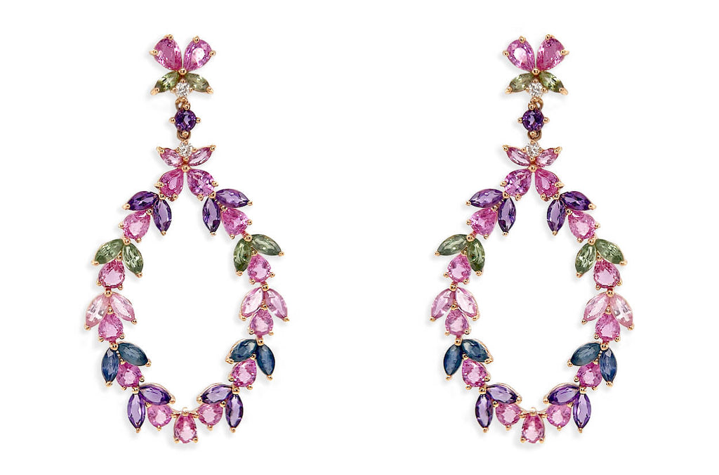 Earrings 18kt Gold Floral Sapphires Amethyst & Diamonds Drop - Albert Hern Fine Jewelry