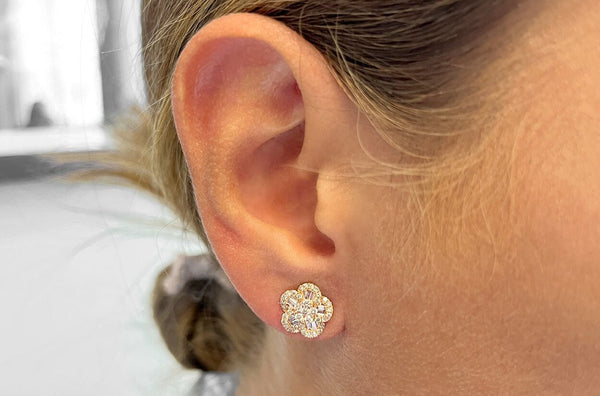 Earrings 18kt Gold Flowers Baguette & Round Diamonds - Albert Hern Fine Jewelry