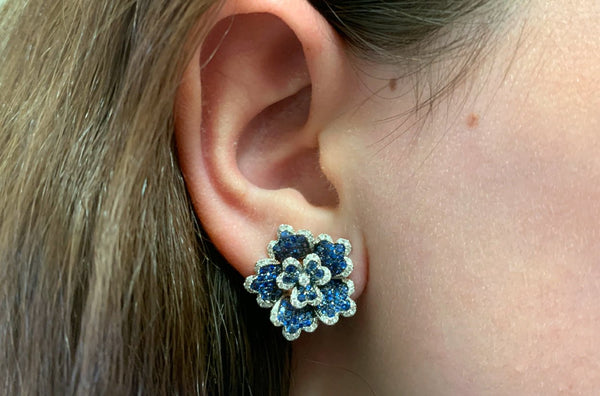 Earrings 18kt Gold Flowers Blue Sapphire & Diamonds - Albert Hern Fine Jewelry