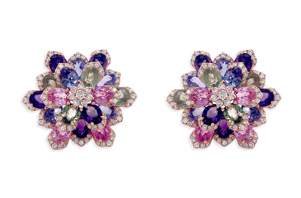 Earrings 18kt Gold Flowers Multicolor Gemstones & Diamonds - Albert Hern Fine Jewelry