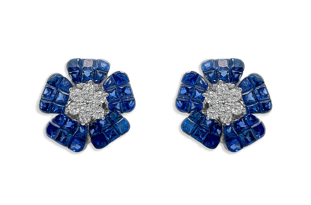 Earrings 18kt Gold Flowers Square Sapphires & Diamonds - Albert Hern Fine Jewelry