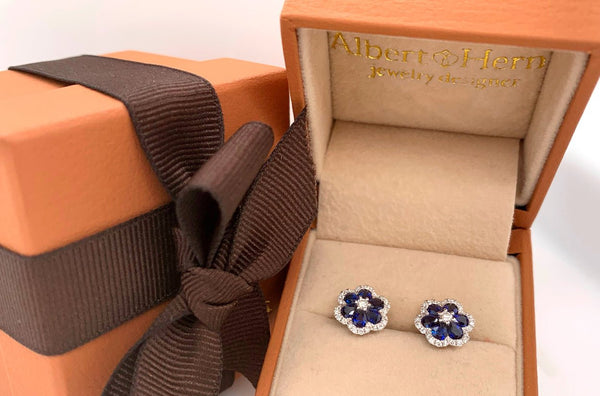 Earrings 18kt Gold Flowers with Blue Sapphires & Diamonds Studs - Albert Hern Fine Jewelry