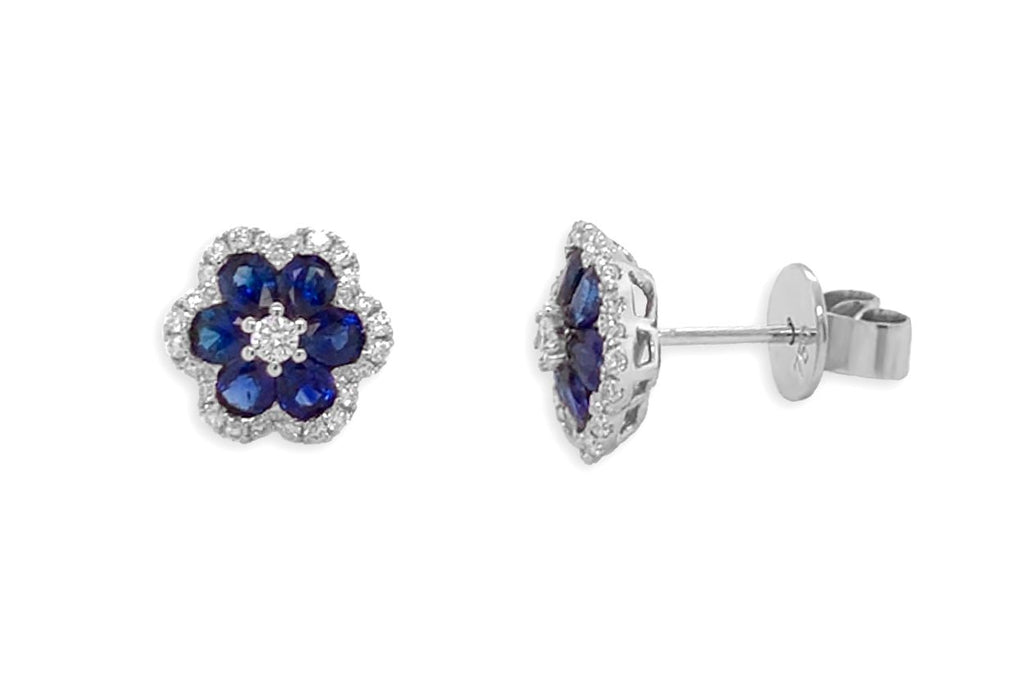 Earrings 18kt Gold Flowers with Blue Sapphires & Diamonds Studs - Albert Hern Fine Jewelry