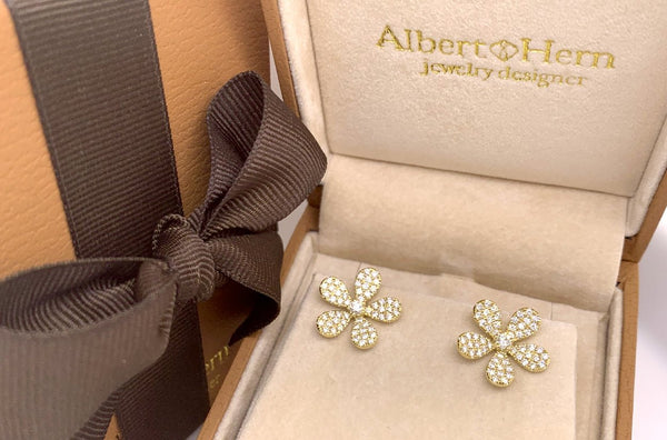 Earrings 18kt Gold Flowers with Diamonds Studs - Albert Hern Fine Jewelry