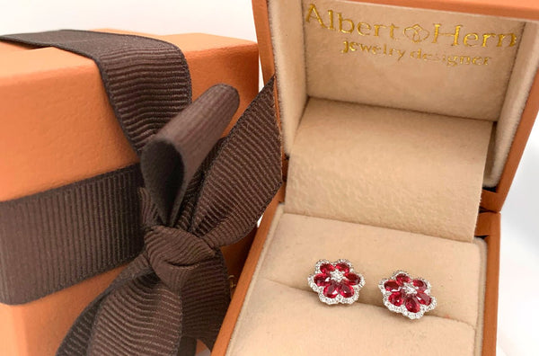 Earrings 18kt Gold Flowers with Rubies & Diamonds Studs - Albert Hern Fine Jewelry