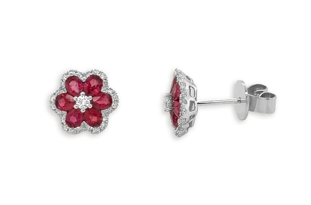 Earrings 18kt Gold Flowers with Rubies & Diamonds Studs - Albert Hern Fine Jewelry