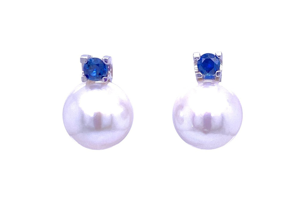 Earrings 18kt Gold Fresh Water Pearls & Blue Sapphires | Albert Hern Fine Jewelry