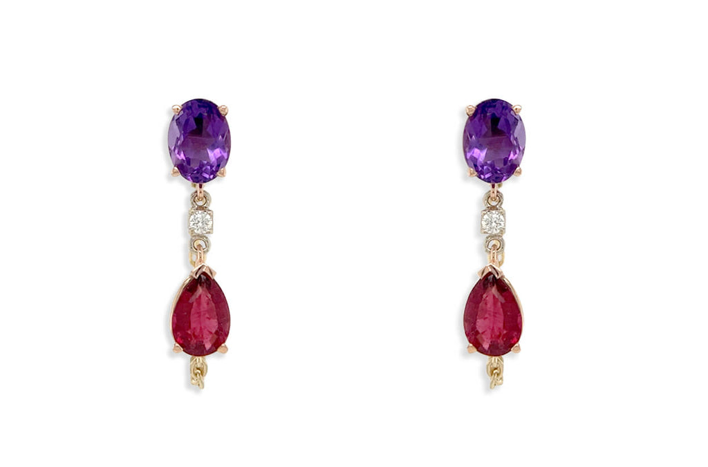 Earrings 18kt Gold Gemstones & Chain Studs Drop - Albert Hern Fine Jewelry