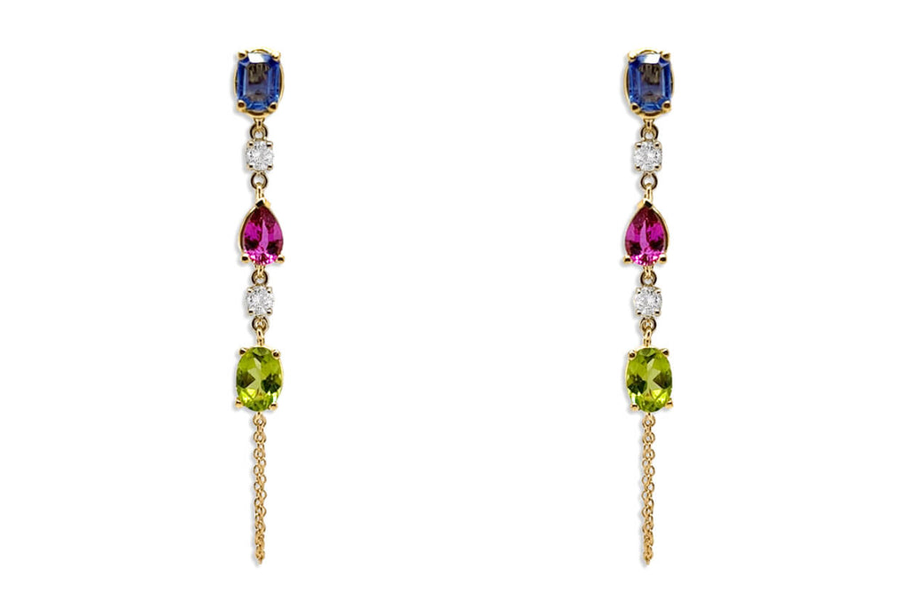 Earrings 18kt Gold Gemstones Studs Chain & Diamonds Drop - Albert Hern Fine Jewelry