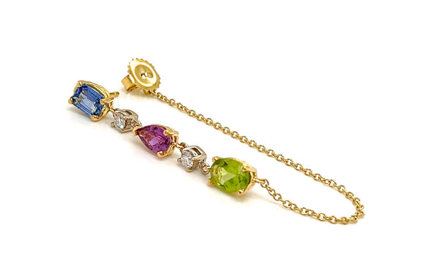 Earrings 18kt Gold Gemstones Studs Chain & Diamonds Drop - Albert Hern Fine Jewelry