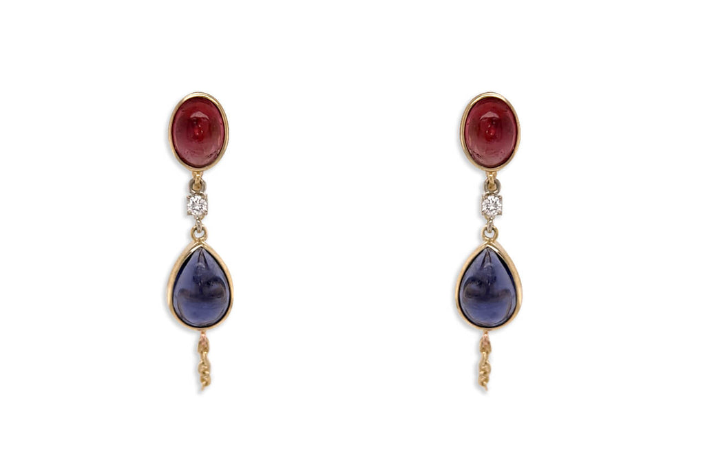 Earrings 18kt Gold Iolite & Tourmaline Chain Studs Drop - Albert Hern Fine Jewelry