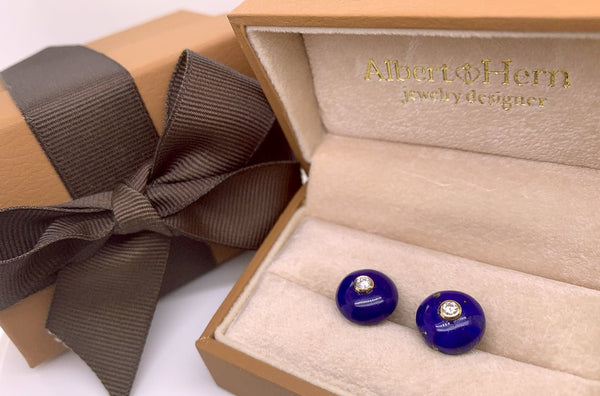 Earrings 18kt Gold Lapis Lazuli Studs with Diamonds - Albert Hern Fine Jewelry