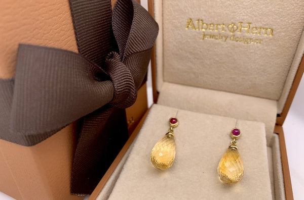 Earrings 18kt Gold Large Citrine Briolette & Ruby Cabochons - Albert Hern Fine Jewelry
