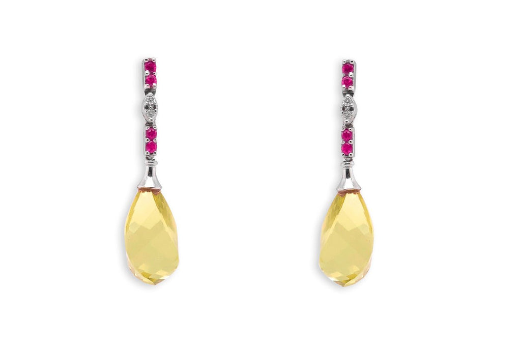 Earrings 18kt Gold Lemon Citrine Briolettes with Pink Sapphires & Diamonds - Albert Hern Fine Jewelry