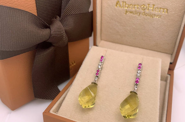 Earrings 18kt Gold Lemon Citrine Briolettes with Pink Sapphires & Diamonds - Albert Hern Fine Jewelry