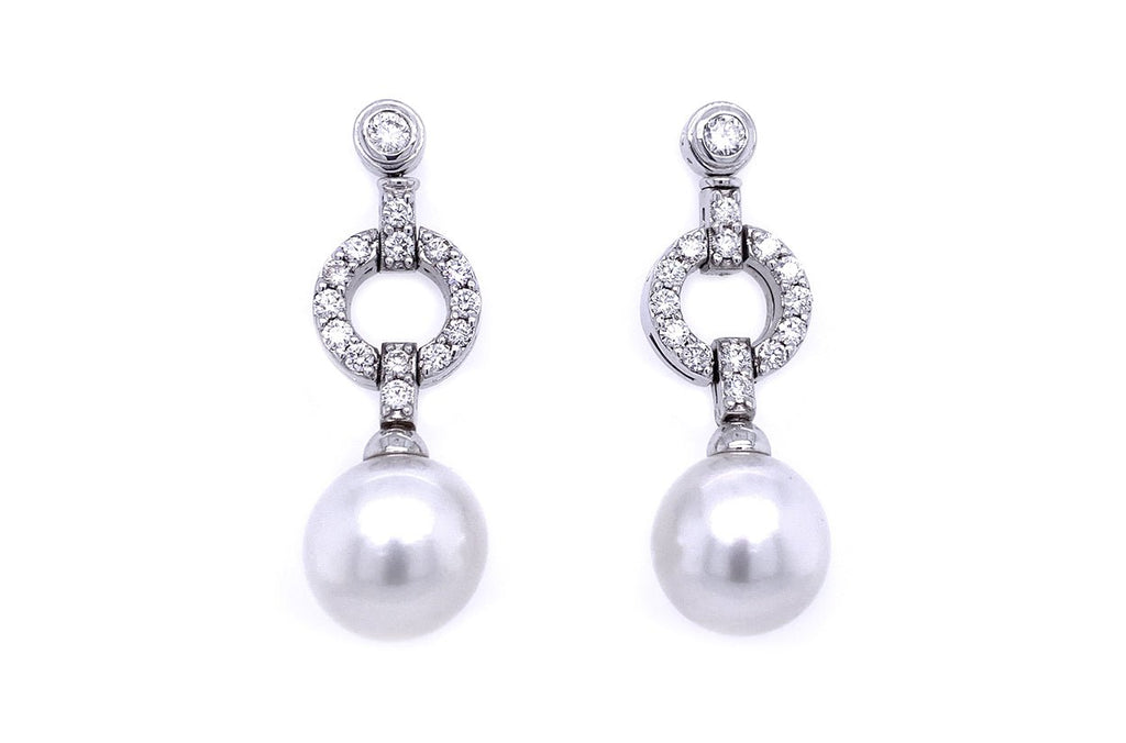 Earrings 18kt Gold Long South Sea Pearls & Diamonds - Albert Hern Fine Jewelry