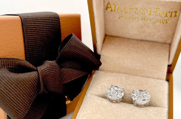 Earrings 18kt Gold Marquise & Princess Cut Diamonds Clusters - Albert Hern Fine Jewelry