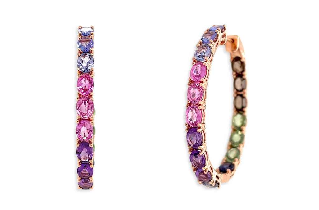 Earrings 18kt Gold Multicolor Oval Sapphires Hoops - Albert Hern Fine Jewelry