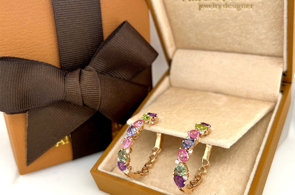 Earrings 18kt Gold Multicolor Pear Sapphires & Diamonds Hoops - Albert Hern Fine Jewelry