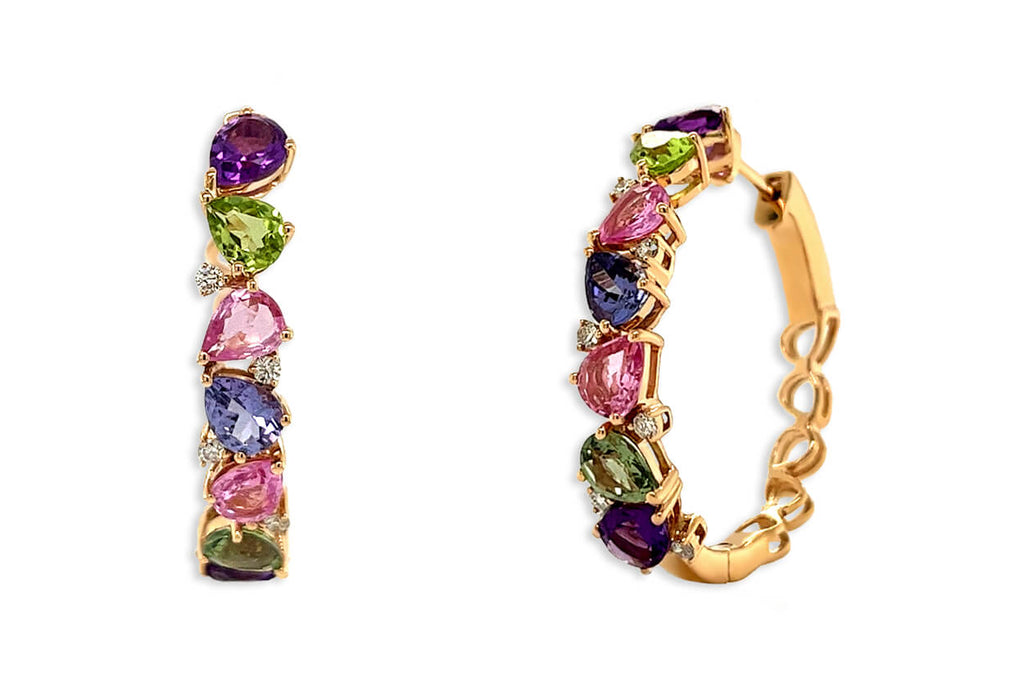 Earrings 18kt Gold Multicolor Pear Sapphires & Diamonds Hoops - Albert Hern Fine Jewelry