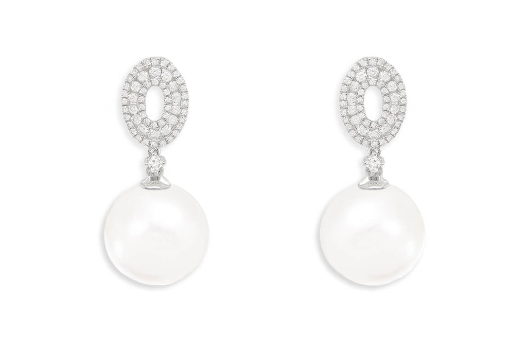 Earrings 18kt Gold Outline Diamonds Ovals & Pearls Drop - Albert Hern Fine Jewelry