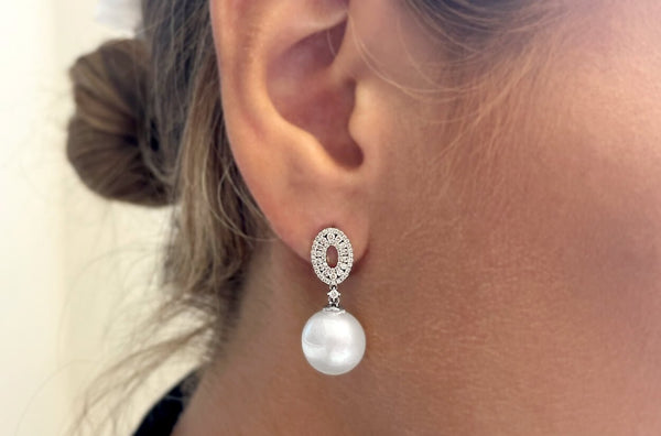 Earrings 18kt Gold Outline Diamonds Ovals & Pearls Drop - Albert Hern Fine Jewelry